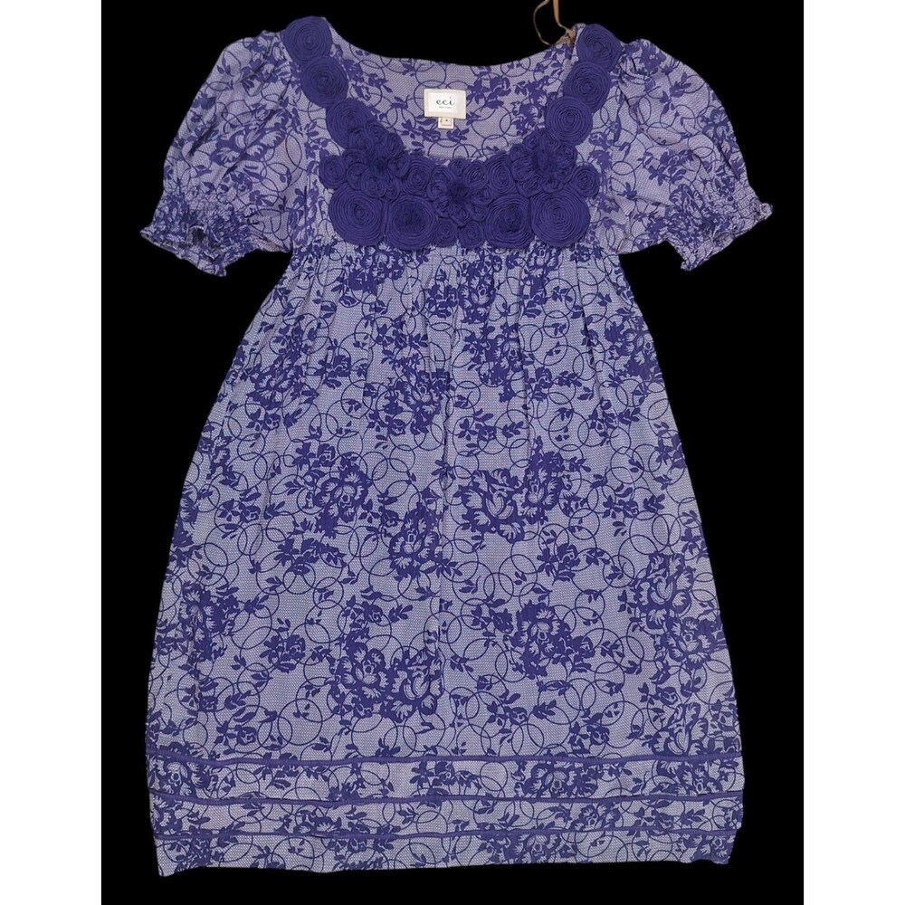 ECI Vintage Purple Floral Fit & Flare Dress Womens 8 Sheer Layer Coquette Boho